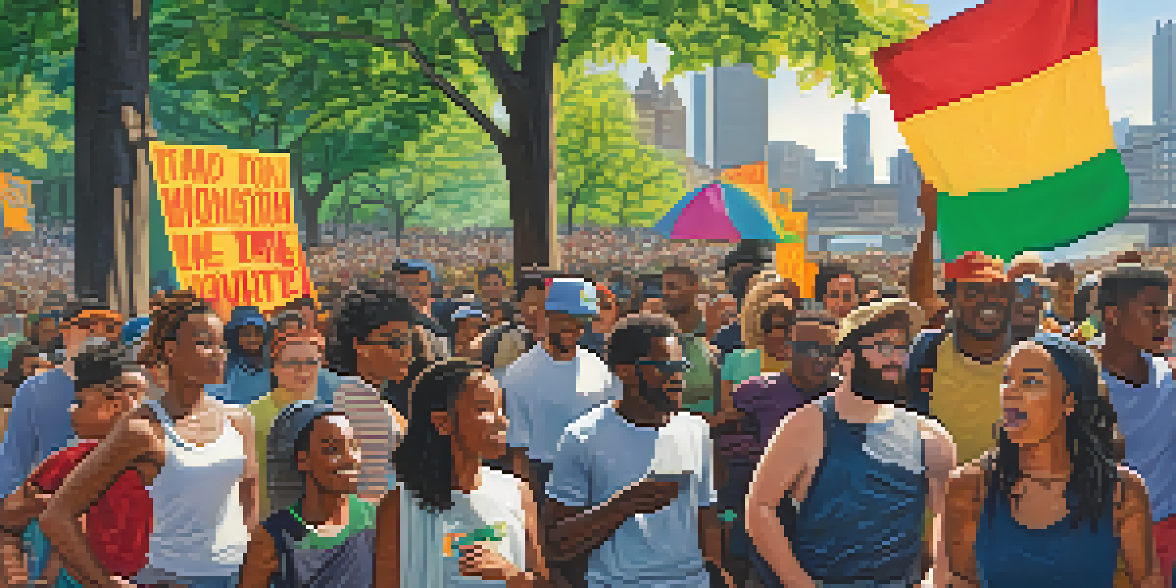 A lively protest in Pittsburgh featuring diverse young activists holding banners and signs, surrounded by greenery and the city skyline in the background.