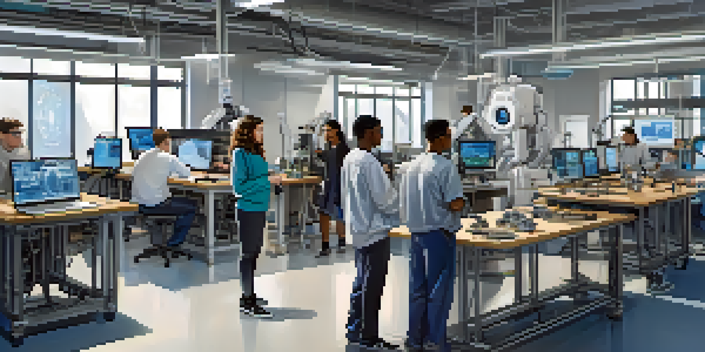 A diverse group of engineering students working together in a modern laboratory filled with robotics equipment and computers, engaged in collaborative discussions.