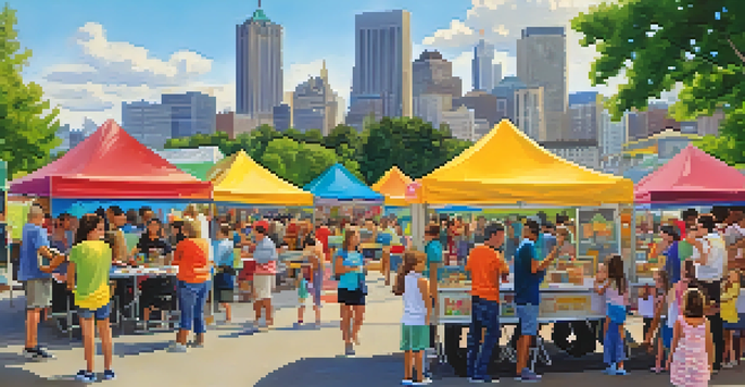 Families enjoying a day at a festival with children engaging in crafts and games, surrounded by food trucks and a vibrant park atmosphere.