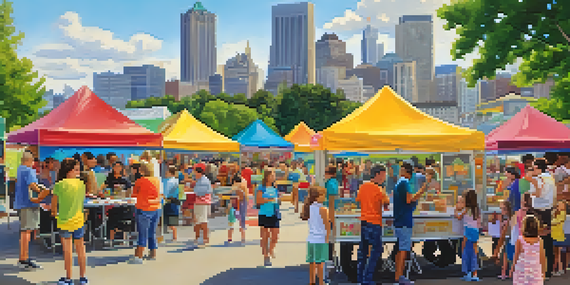 Families enjoying a day at a festival with children engaging in crafts and games, surrounded by food trucks and a vibrant park atmosphere.