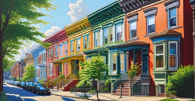 A scenic view of Victorian row houses in Lawrenceville, Pittsburgh, with colorful facades and lush gardens in warm evening light.