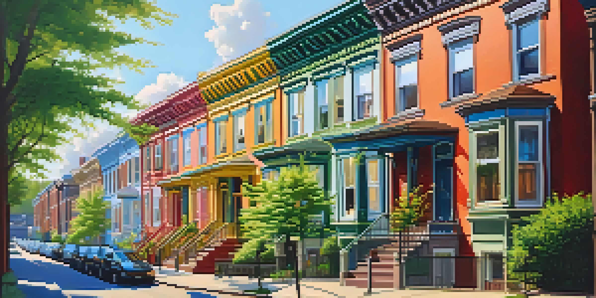 A scenic view of Victorian row houses in Lawrenceville, Pittsburgh, with colorful facades and lush gardens in warm evening light.