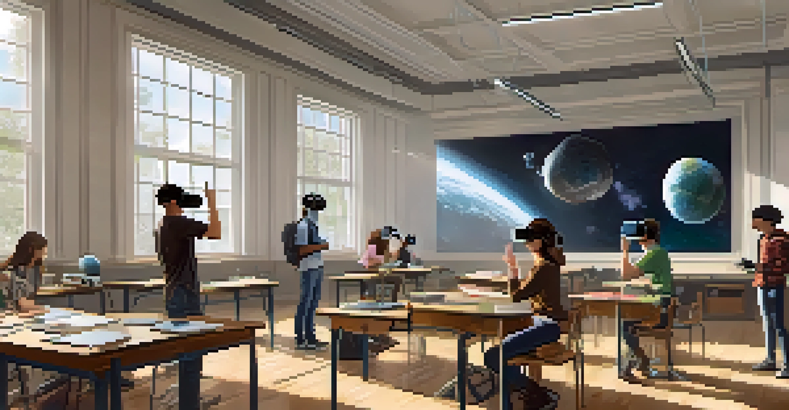 Students wearing virtual reality headsets in a modern classroom, engaged in immersive learning experiences, with a teacher assisting.