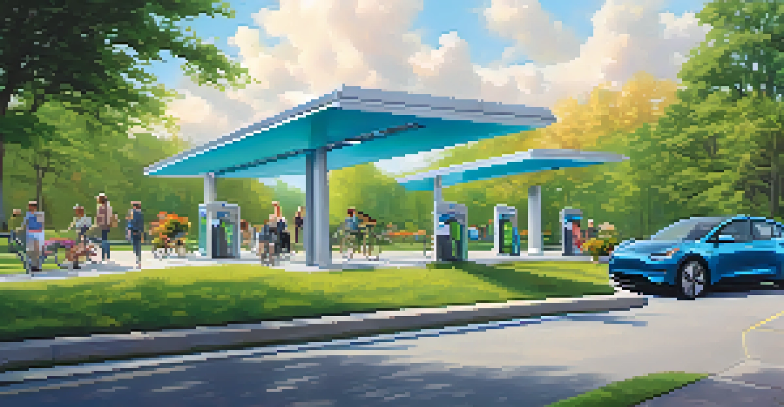 An electric vehicle charging station in a Pittsburgh park with people enjoying the outdoors, highlighting a sustainable transportation initiative.