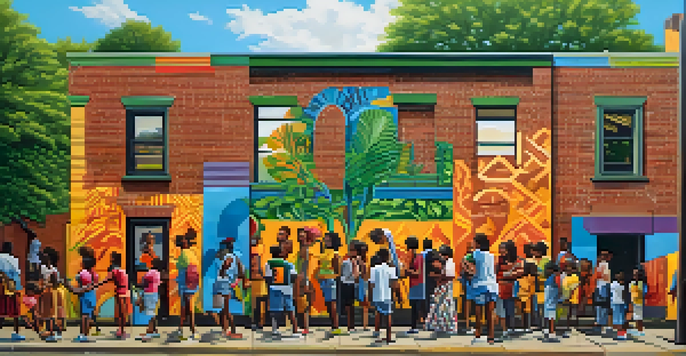 A colorful mural depicting African American culture on a brick wall, surrounded by trees and people appreciating the art.