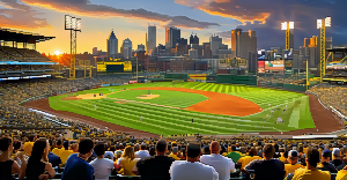 A panoramic view of PNC Park filled with fans during a baseball game, with the Pittsburgh skyline and sunset in the background.