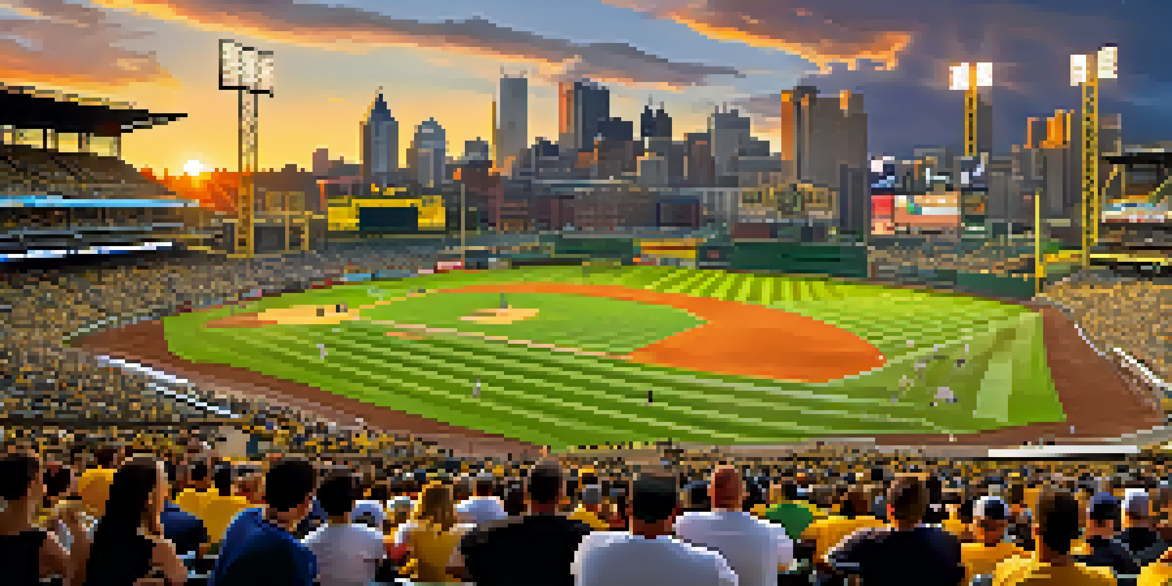 A panoramic view of PNC Park filled with fans during a baseball game, with the Pittsburgh skyline and sunset in the background.