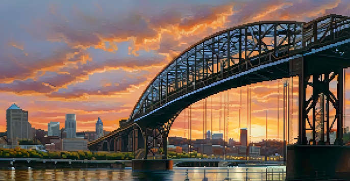 A scenic view of the Homestead Grays Bridge during sunset, with the Pittsburgh skyline and people walking on the bridge.