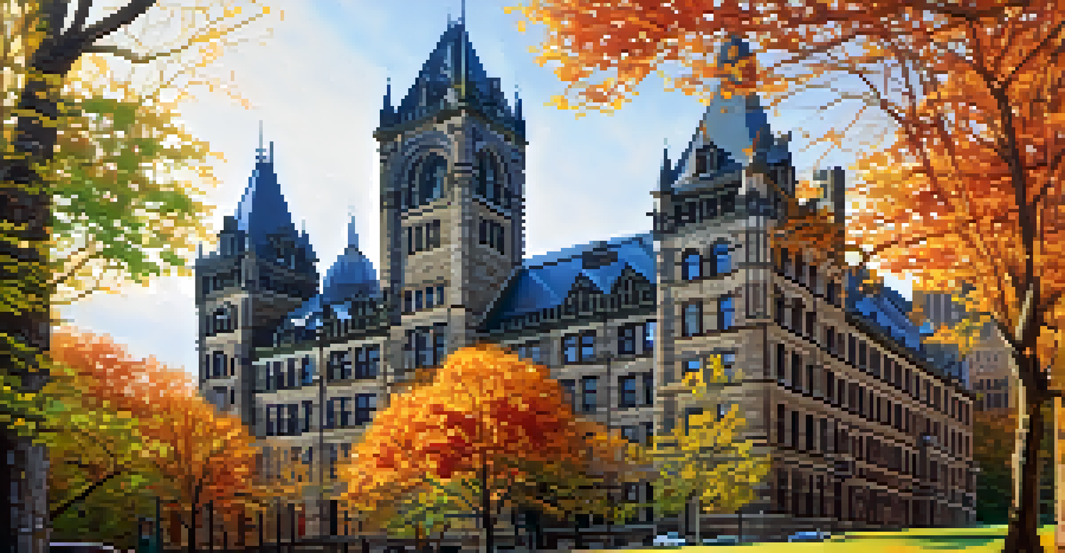 Close-up of the Allegheny County Courthouse showcasing its Romanesque architecture with autumn-colored trees around it.