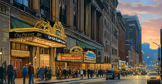A lively street scene outside the Benedum Center in Pittsburgh during golden hour, with a diverse crowd and colorful banners.