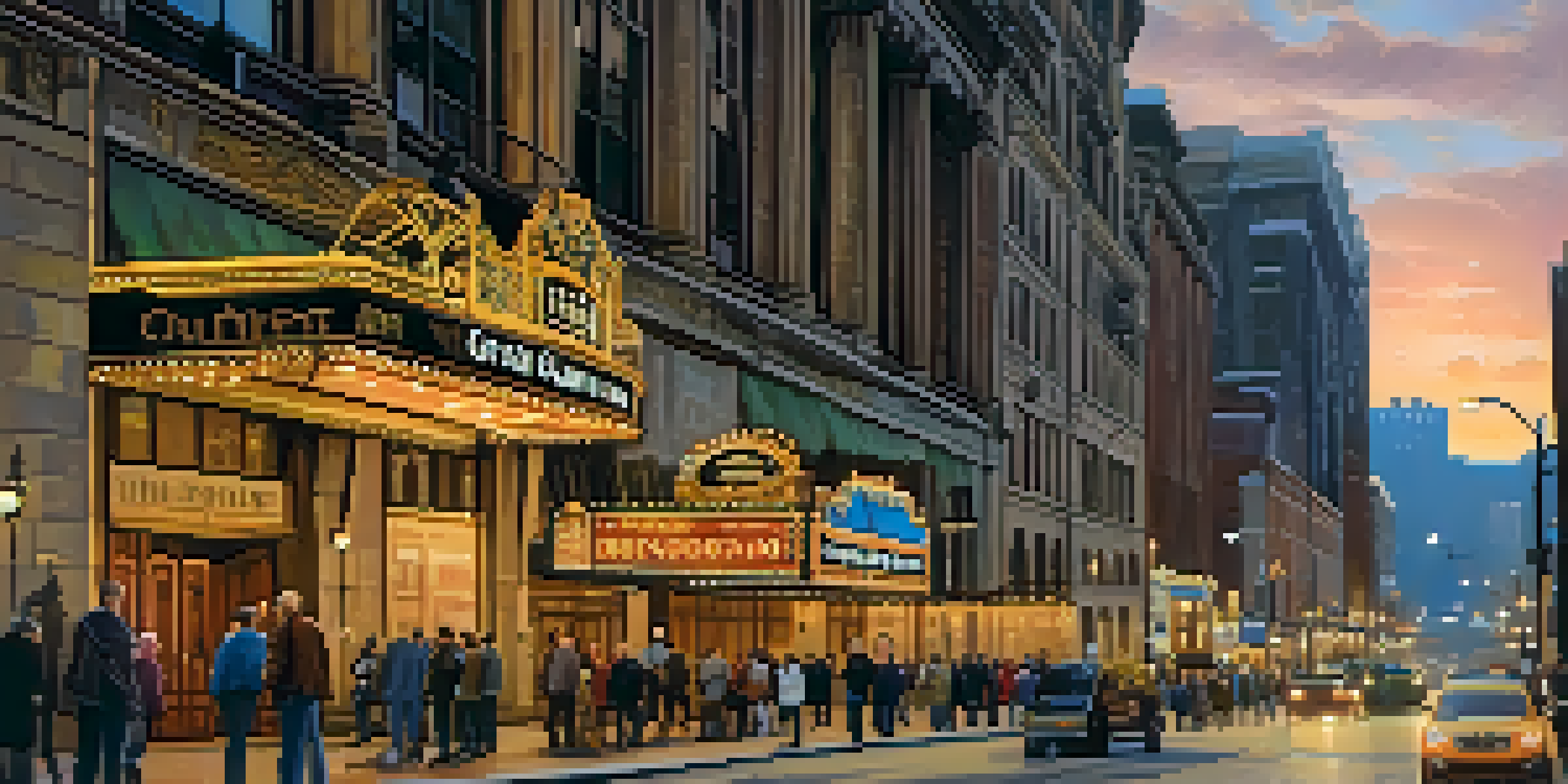 A lively street scene outside the Benedum Center in Pittsburgh during golden hour, with a diverse crowd and colorful banners.