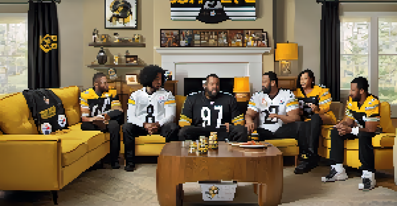 A family watching a Steelers game at home, wearing jerseys and surrounded by team memorabilia.