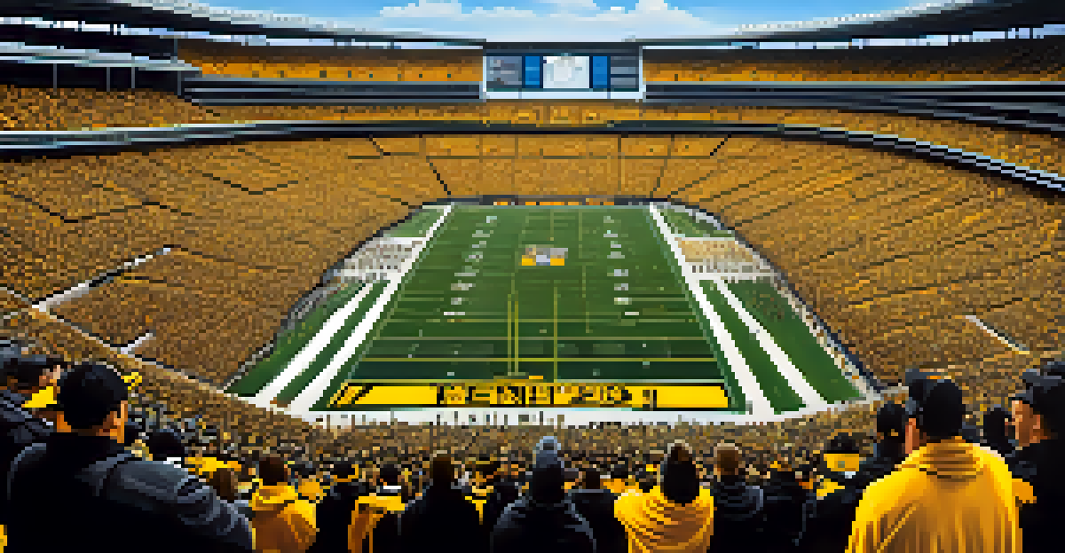 A crowded football stadium with fans in black and gold colors, set against the Pittsburgh skyline on a clear day.