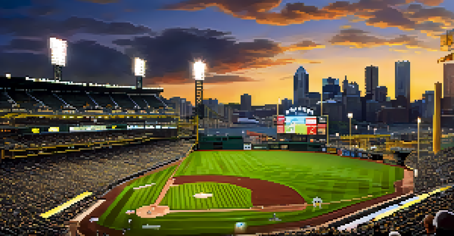 An intimate view of PNC Park at sunset with fans enjoying a baseball game and the skyline illuminated in the background.