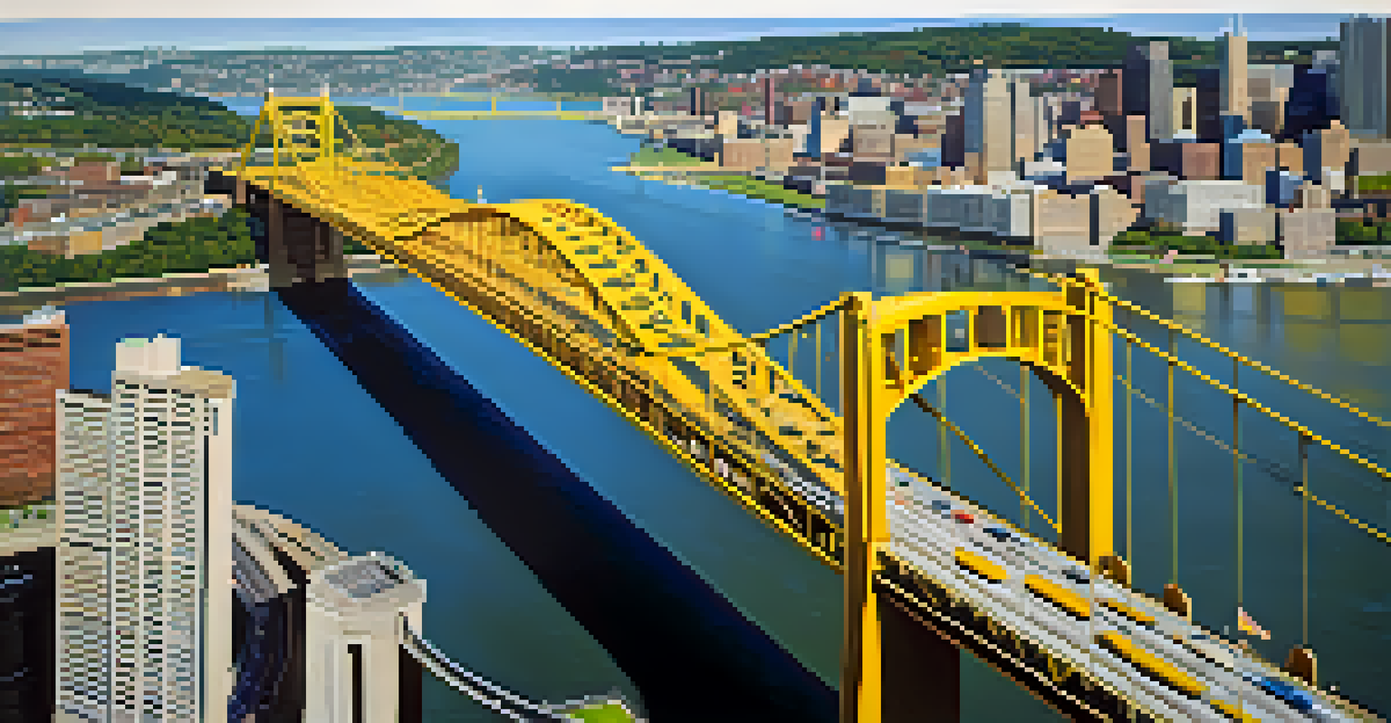 An aerial view of the Fort Pitt Bridge in Pittsburgh, showcasing its yellow color and the city skyline in the background.