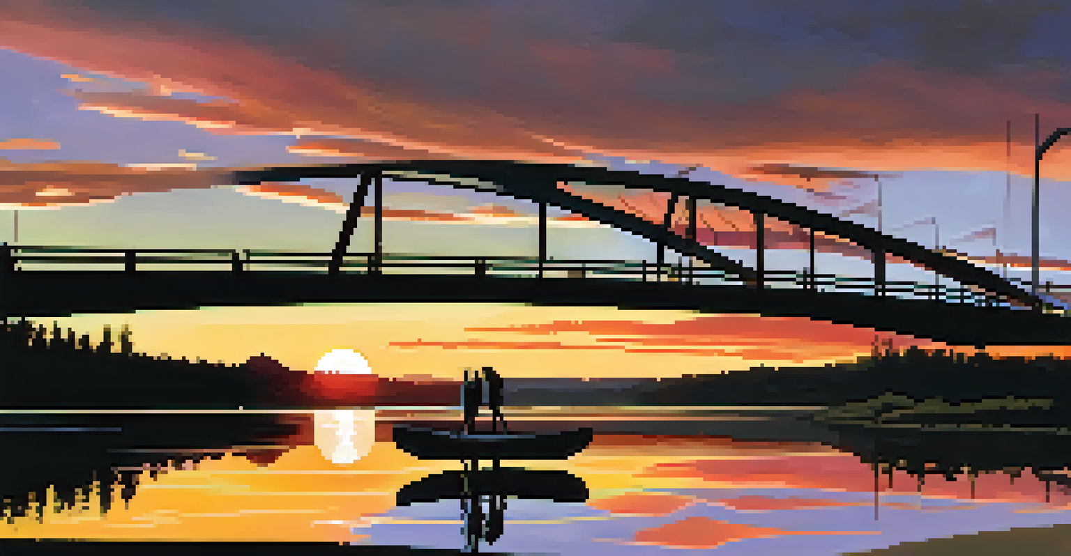 Artistic representation of the Three Sisters Bridges at sunset, showcasing their elegant steel structures and reflections in the water.