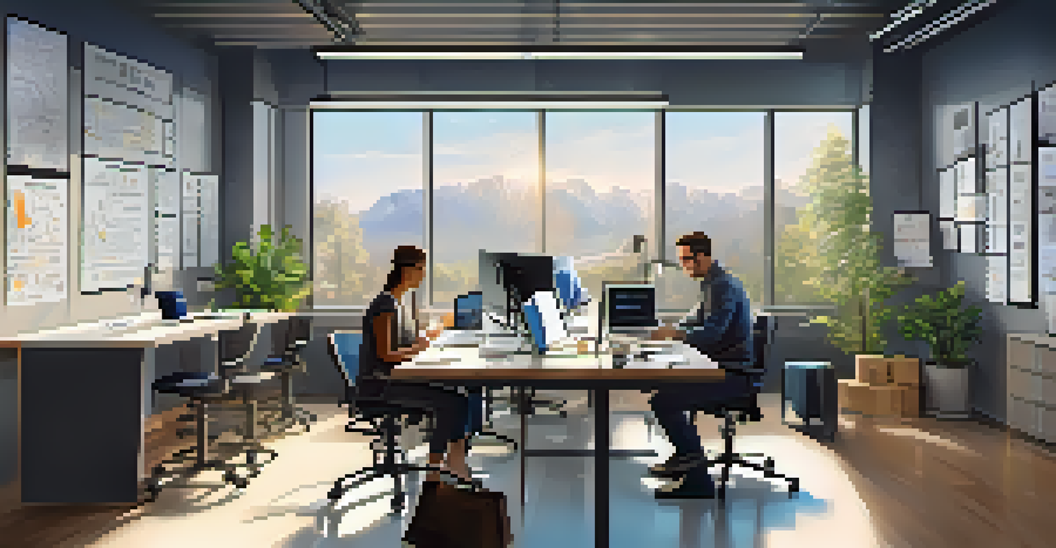 A modern workspace featuring a group of diverse entrepreneurs discussing startup ideas, with high-tech gadgets and motivational posters around.