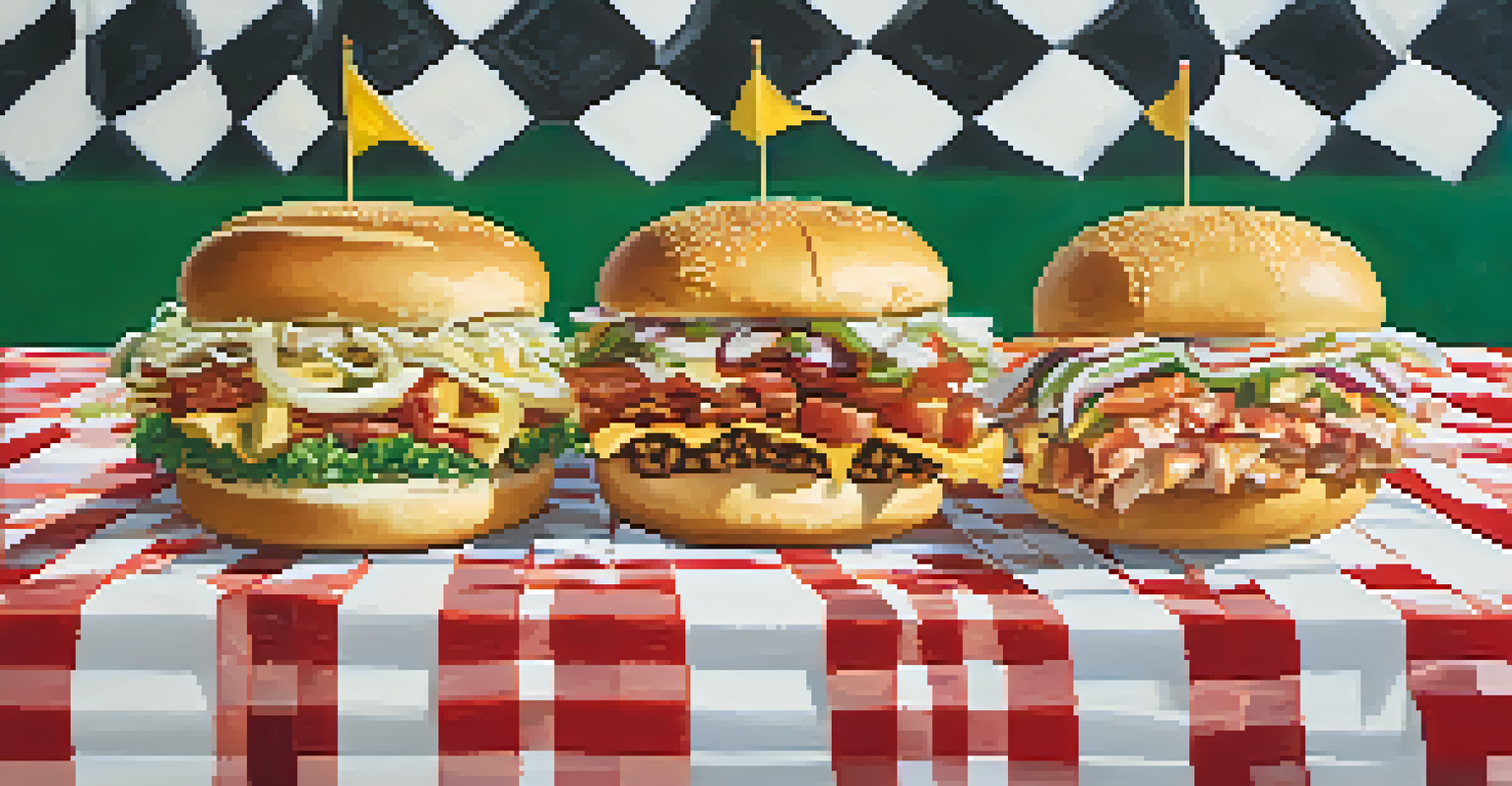 An assortment of Primanti Brothers sandwiches displayed on a table, showcasing different variations with colorful drinks.