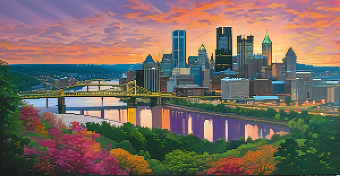 A beautiful sunset over Pittsburgh's skyline, featuring the PPG Place and U.S. Steel Tower, with a green park in the foreground.