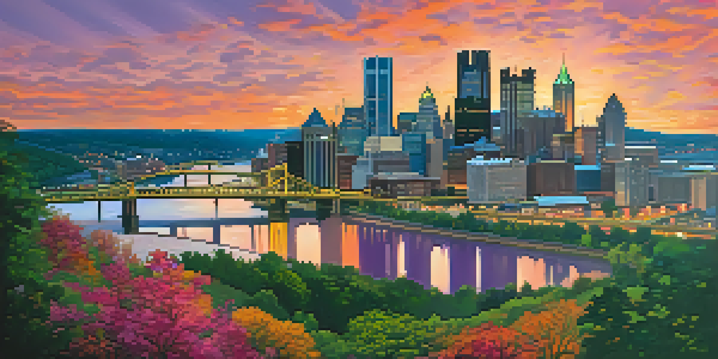 A beautiful sunset over Pittsburgh's skyline, featuring the PPG Place and U.S. Steel Tower, with a green park in the foreground.