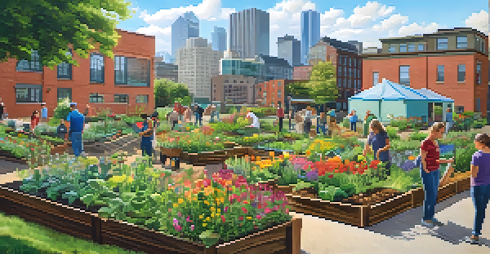 A community garden in Pittsburgh with residents composting, colorful flowers, and urban buildings in the background.