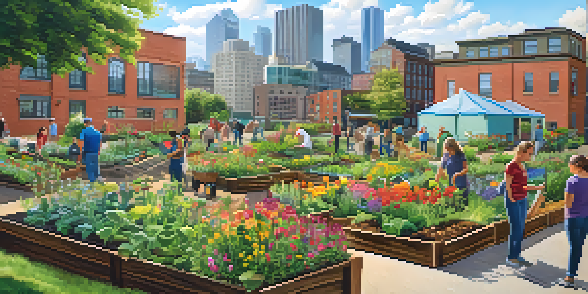 A community garden in Pittsburgh with residents composting, colorful flowers, and urban buildings in the background.