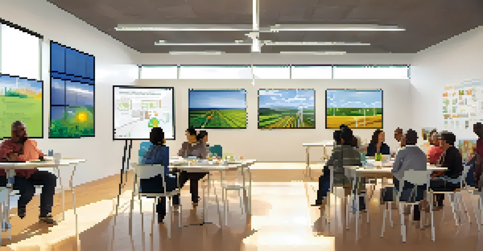 Residents participating in a community workshop about renewable energy, with charts on solar technology displayed and people collaborating.