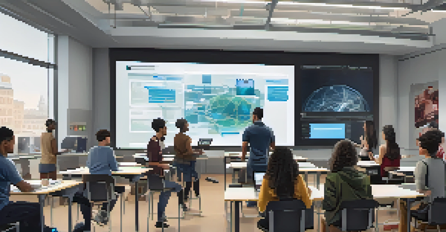 A high-tech classroom at Carnegie Mellon University with students collaborating on AI projects, featuring large screens and modern design.