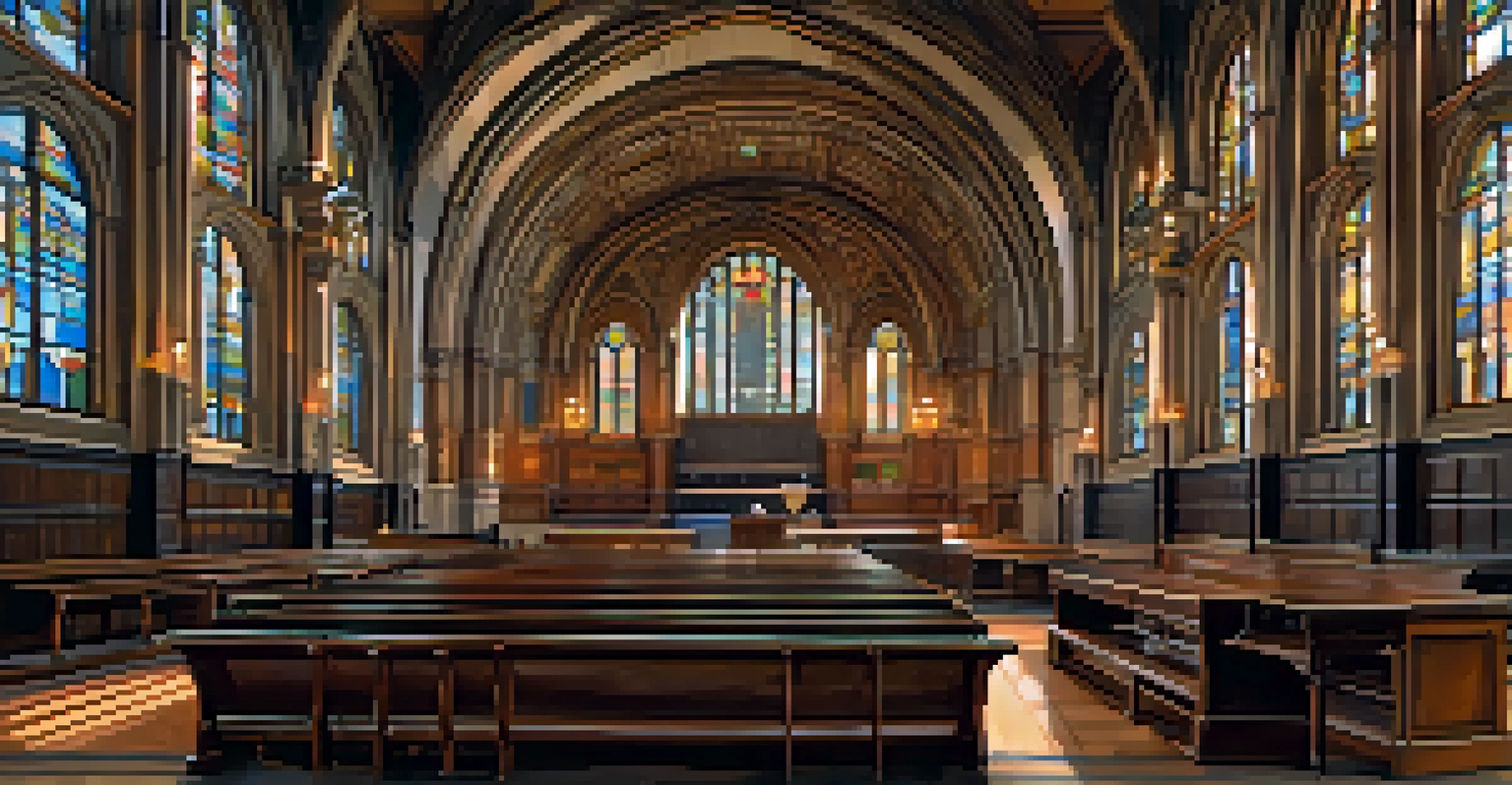 An interior view of a grand courtroom in the Allegheny County Courthouse featuring stained-glass windows and wooden details.