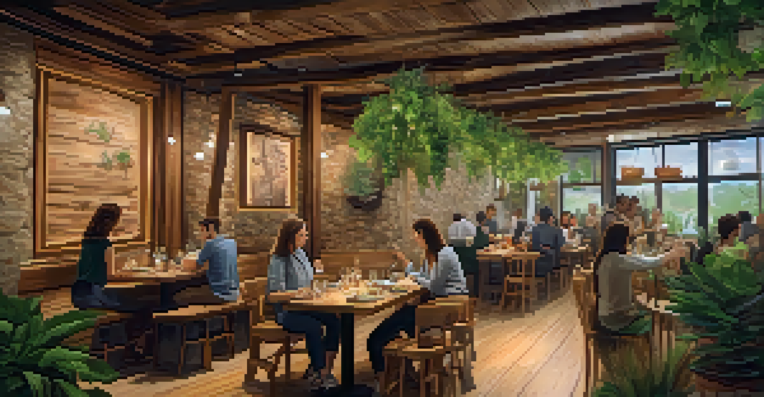 An eco-friendly restaurant interior with diners enjoying meals and recycled decor.