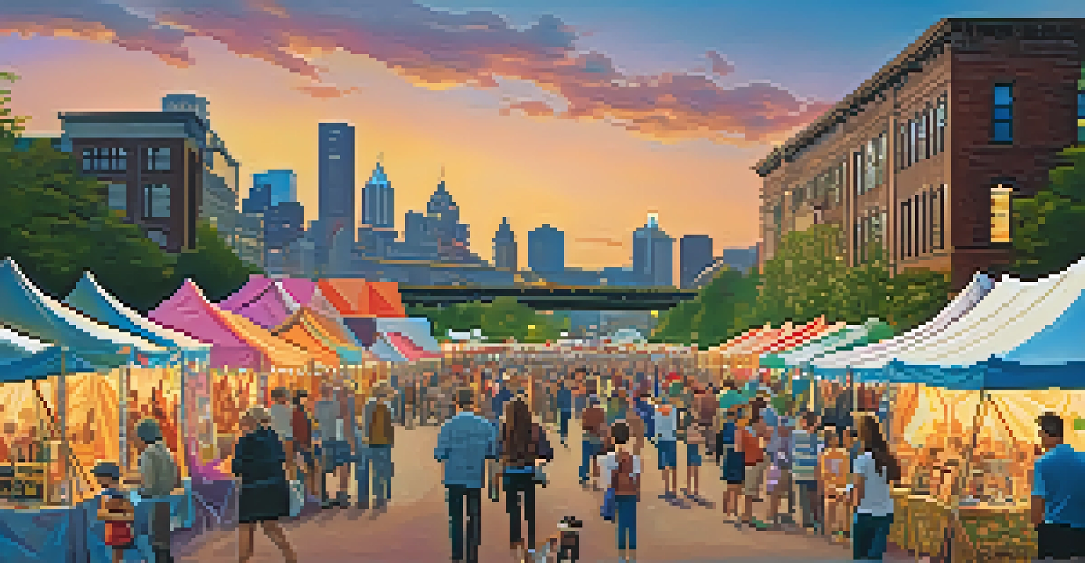 A vibrant art festival in Pittsburgh with colorful tents, artworks on display, and people enjoying performances under evening lights.