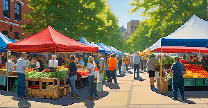 A lively farmers' market in Pittsburgh showcasing fresh produce and local vendors interacting with customers under the sunlight.