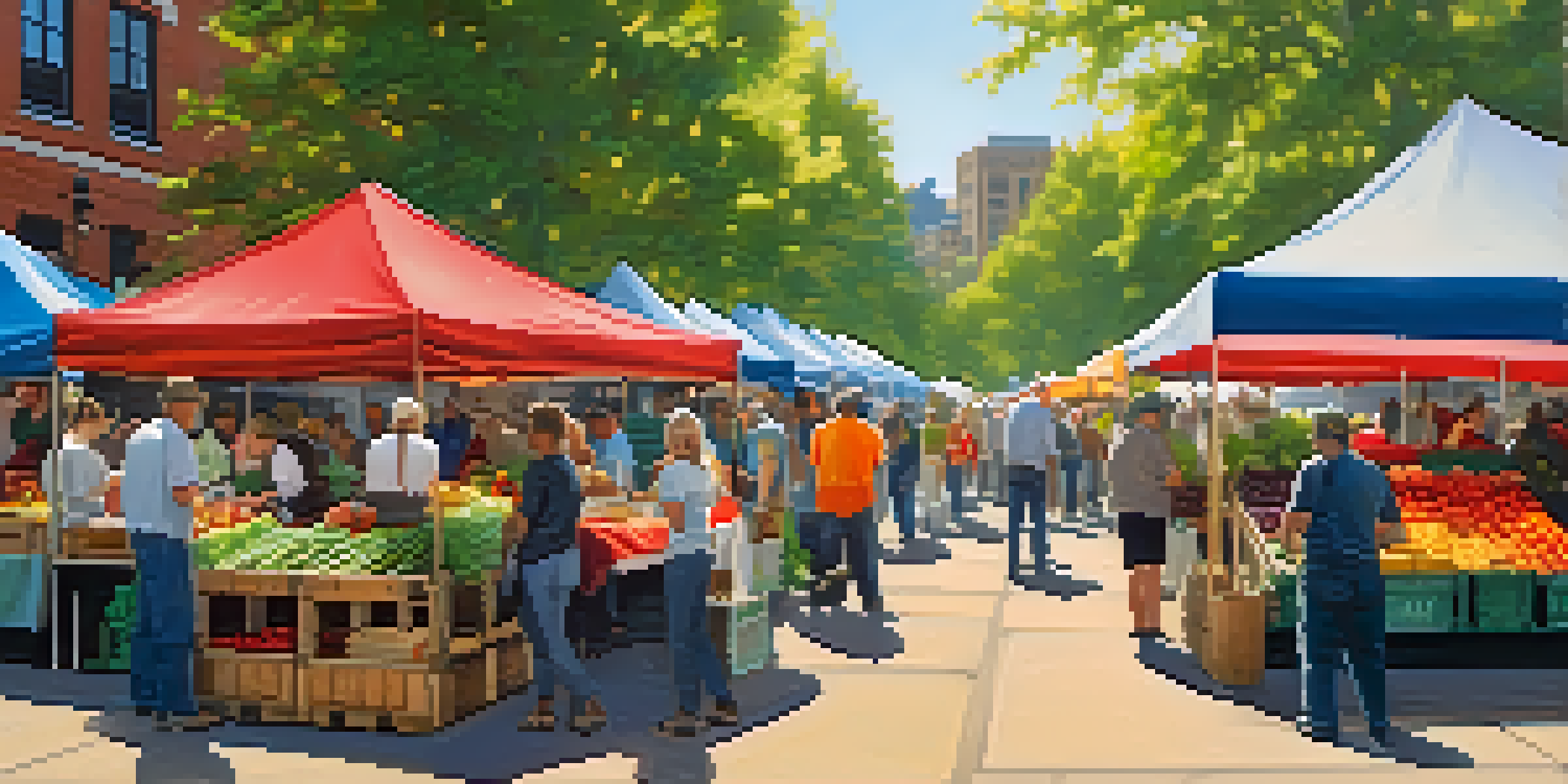 A lively farmers' market in Pittsburgh showcasing fresh produce and local vendors interacting with customers under the sunlight.