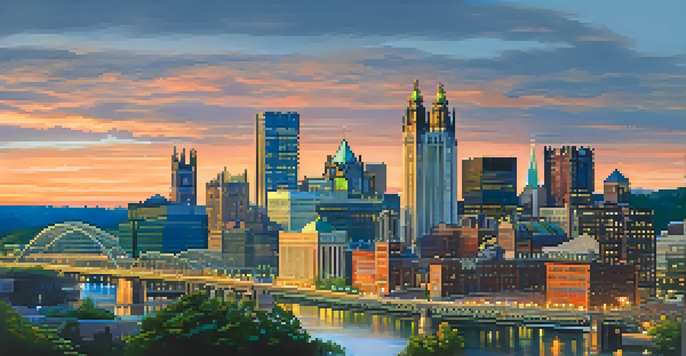 A panoramic view of Pittsburgh's skyline at sunset, featuring modern and historic architecture.