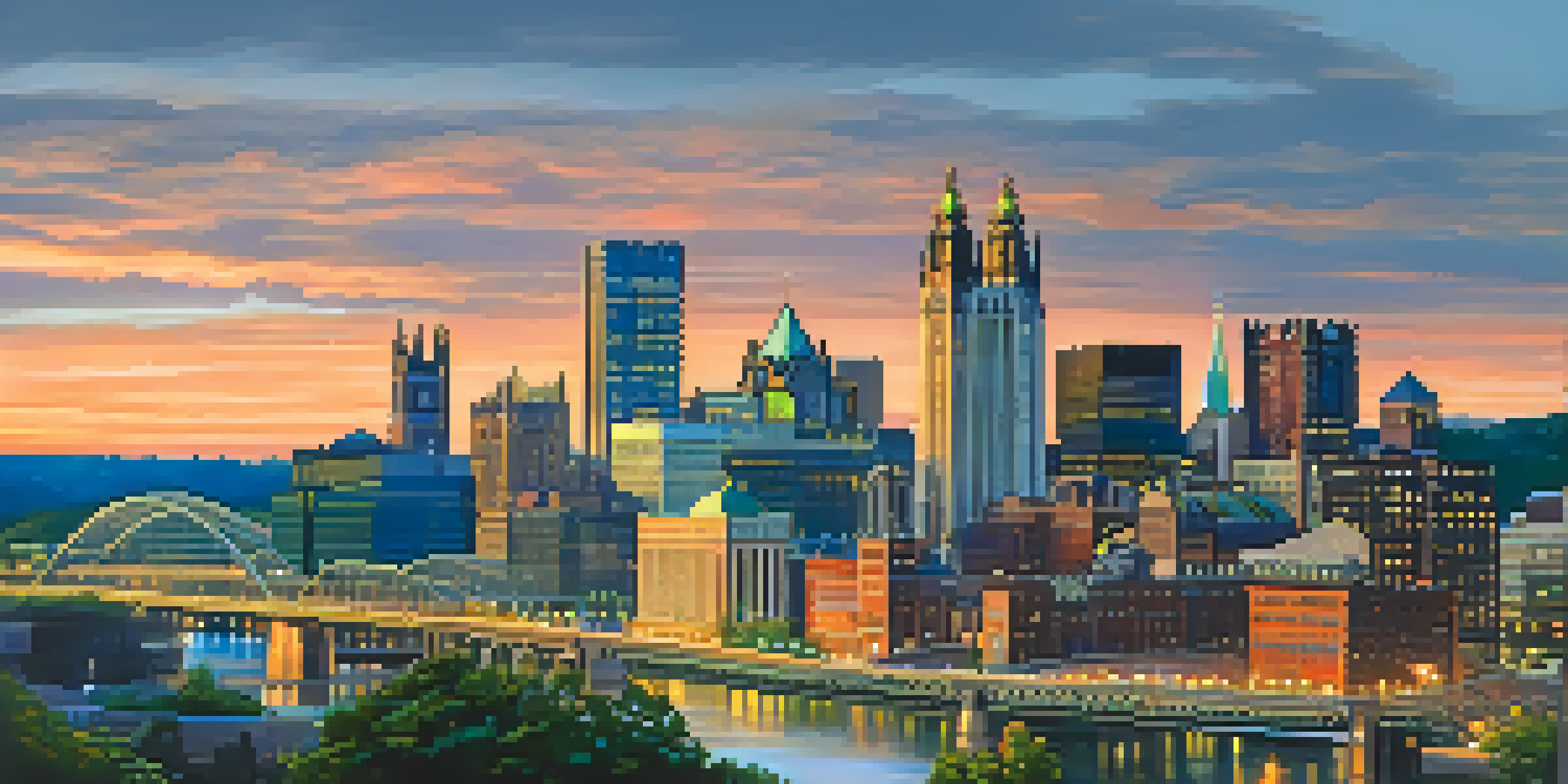 A panoramic view of Pittsburgh's skyline at sunset, featuring modern and historic architecture.