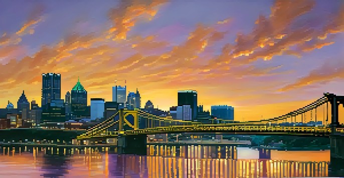 A panoramic view of Pittsburgh's skyline at sunset with the Fort Pitt Bridge in the foreground, illuminated by warm yellow lights.