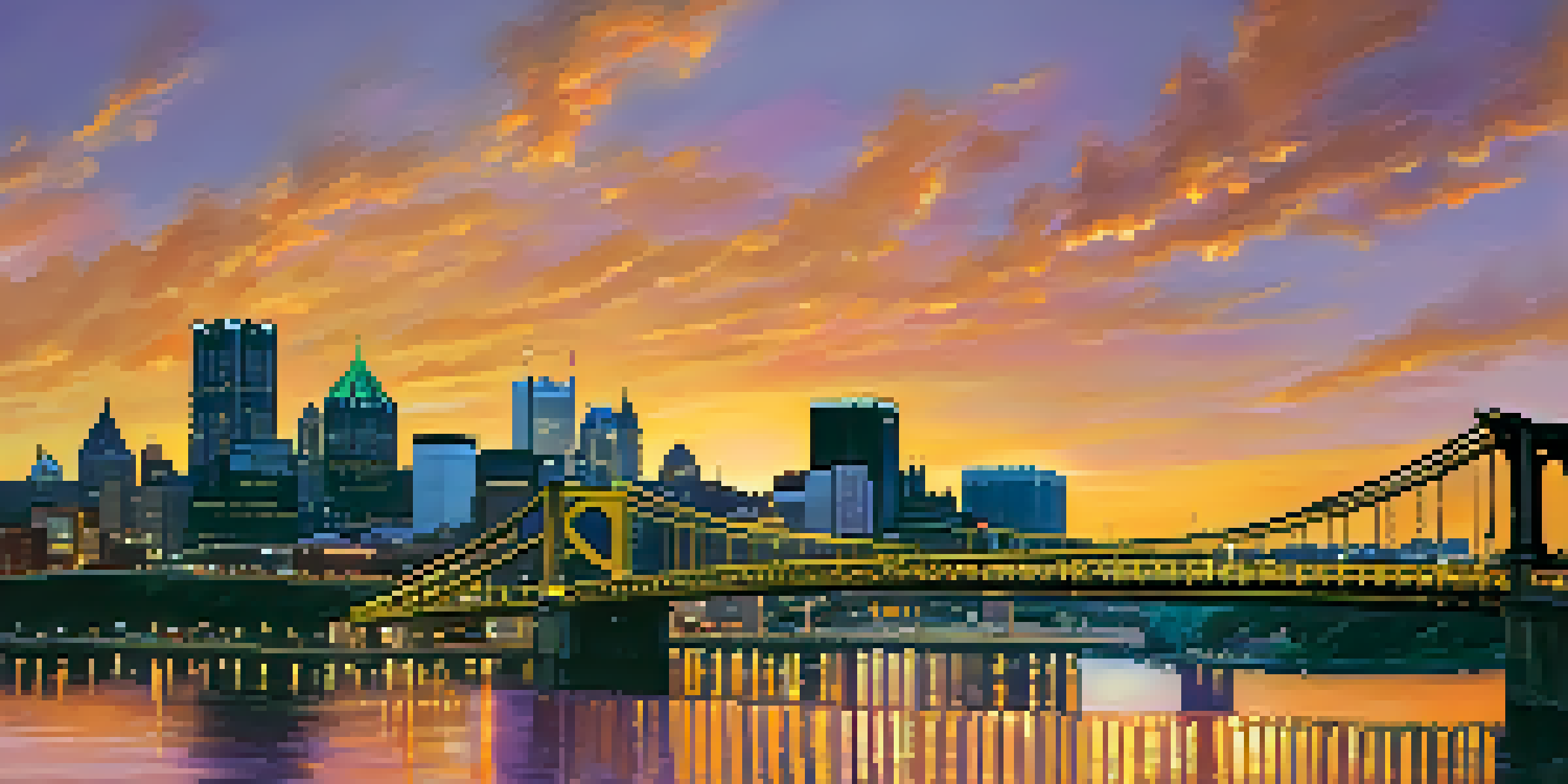 A panoramic view of Pittsburgh's skyline at sunset with the Fort Pitt Bridge in the foreground, illuminated by warm yellow lights.