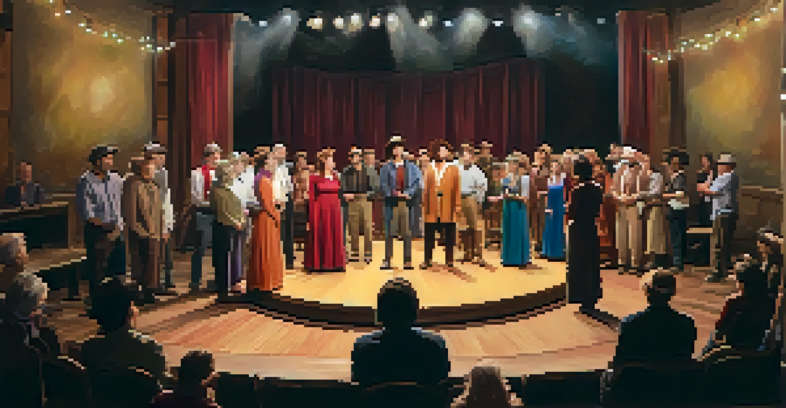 Local actors performing on stage in a community theater, with an engaged audience and hand-painted scenery in the background.