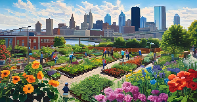 A community garden in Pittsburgh with residents working together, showcasing colorful flowers and plants under a sunny sky.