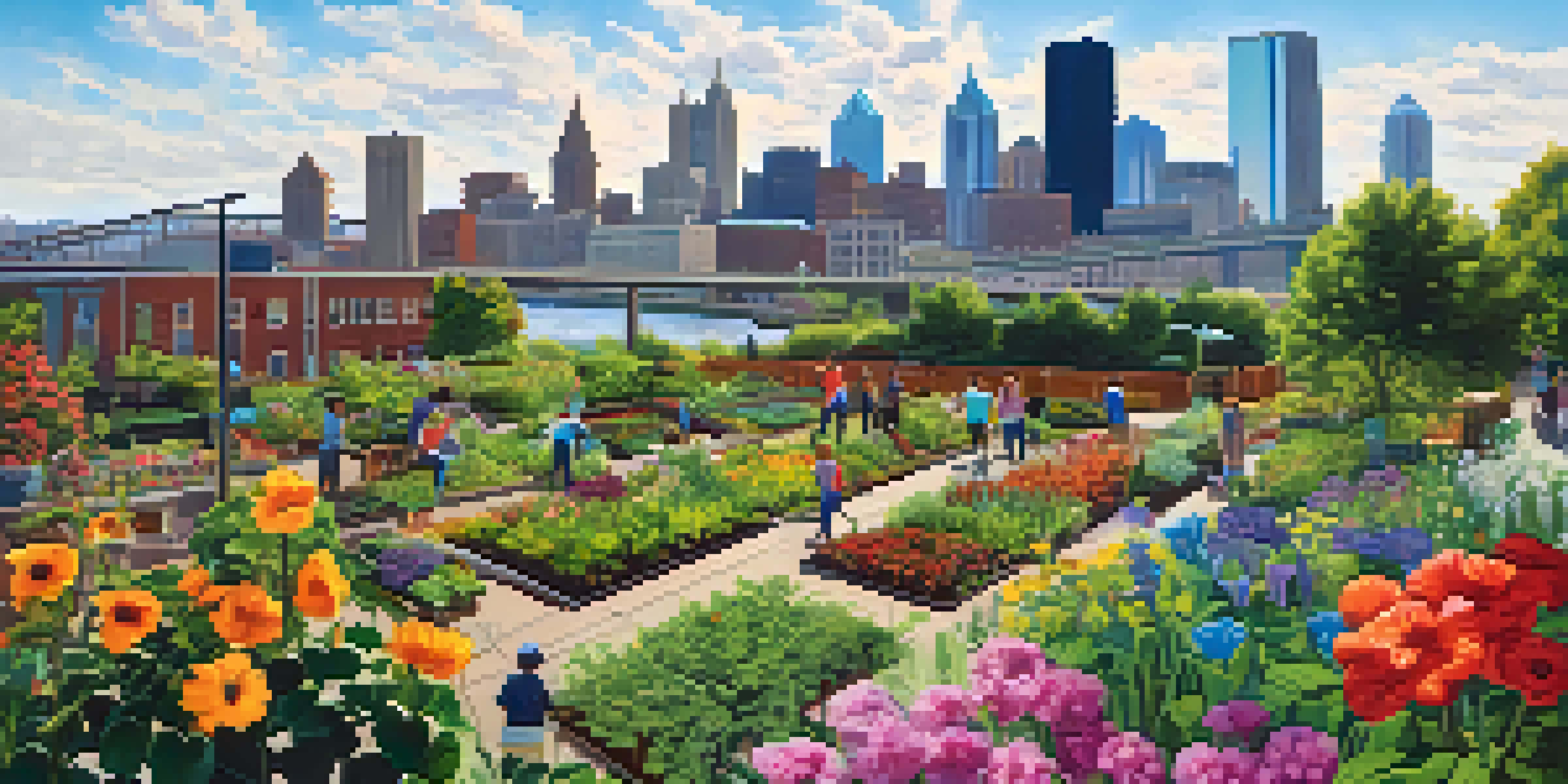 A community garden in Pittsburgh with residents working together, showcasing colorful flowers and plants under a sunny sky.