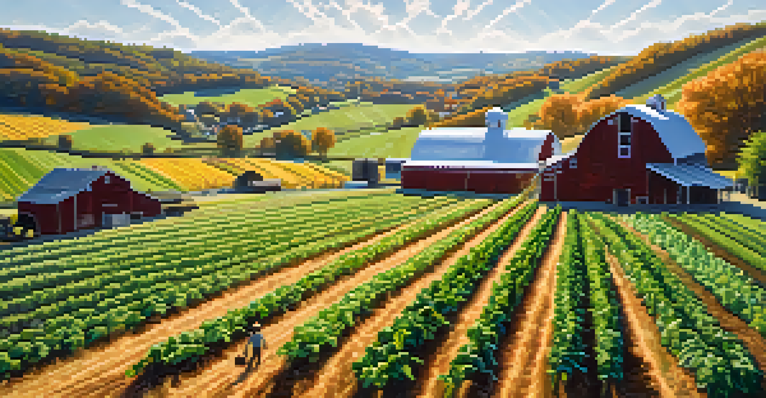 A farmer harvesting vegetables on a sunny day with crops and a barn in the background.