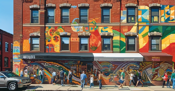 A colorful mural in Pittsburgh's Strip District, showcasing local culture with people interacting with the artwork and sunlight creating shadows.