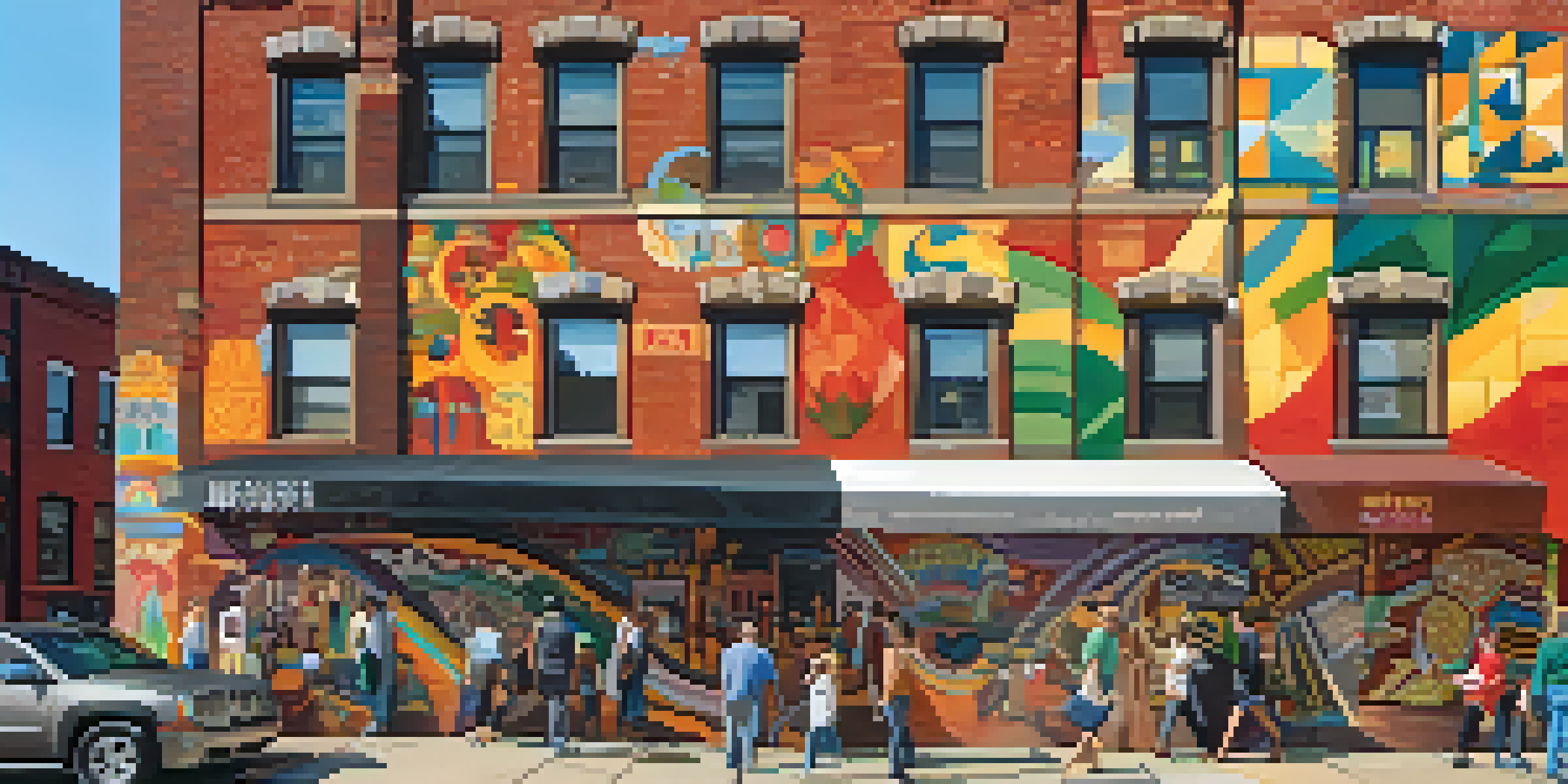 A colorful mural in Pittsburgh's Strip District, showcasing local culture with people interacting with the artwork and sunlight creating shadows.