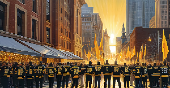 A lively scene of Pittsburgh fans in black and gold jerseys celebrating at a local sports event with historic buildings in the background.