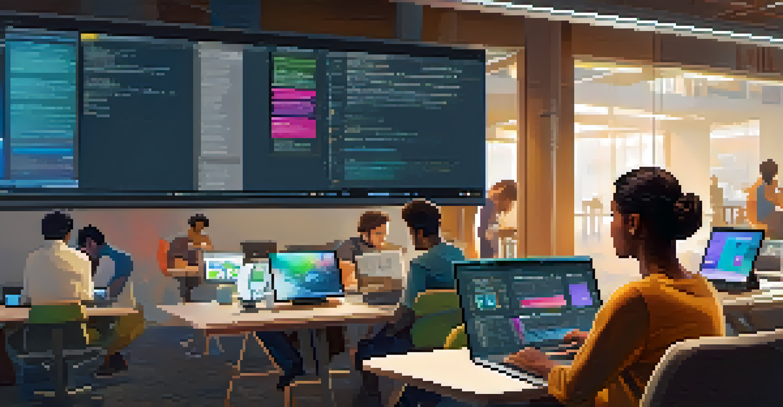 A close-up of a person using a tablet in a co-working space, focusing on coding with a vibrant interface in the background.