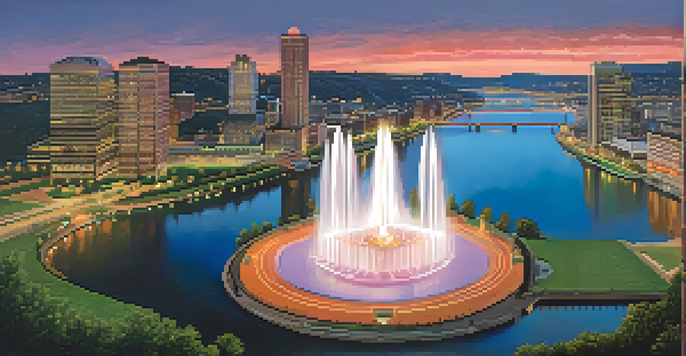 A scenic sunset view of Point State Park with the main fountain and the rivers converging, surrounded by greenery and historical architecture in the background.