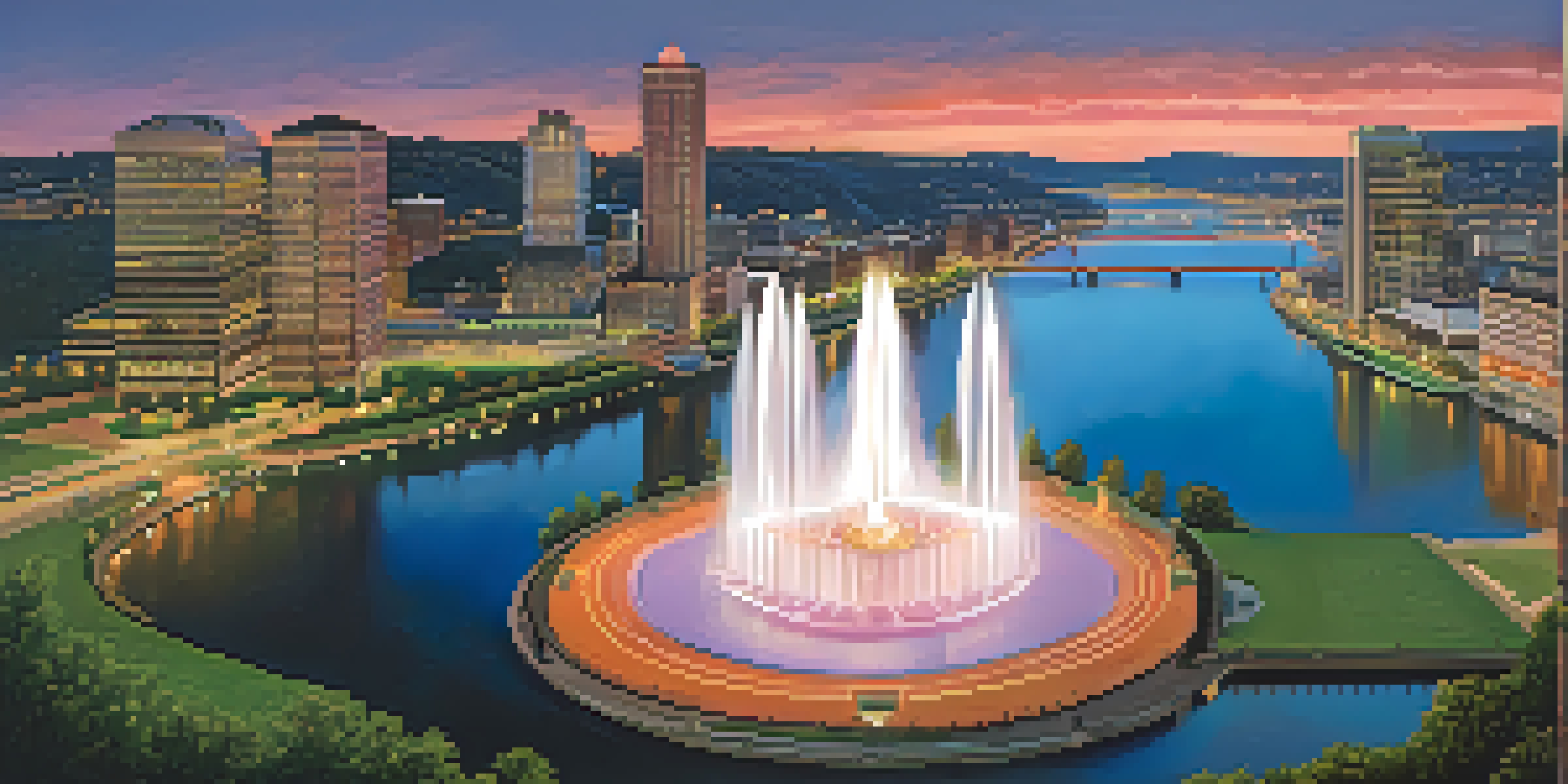 A scenic sunset view of Point State Park with the main fountain and the rivers converging, surrounded by greenery and historical architecture in the background.