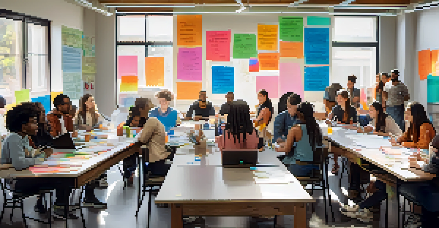 Young activists participating in a collaborative workshop in a community center, featuring a large whiteboard filled with ideas and colorful notes.