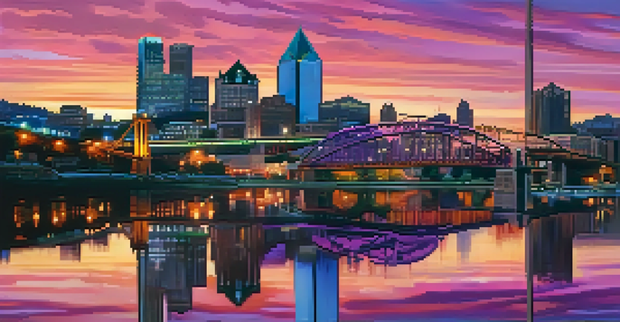 A panoramic view of Pittsburgh's skyline during sunset, highlighting both modern skyscrapers and historical buildings with a steel bridge in the foreground.