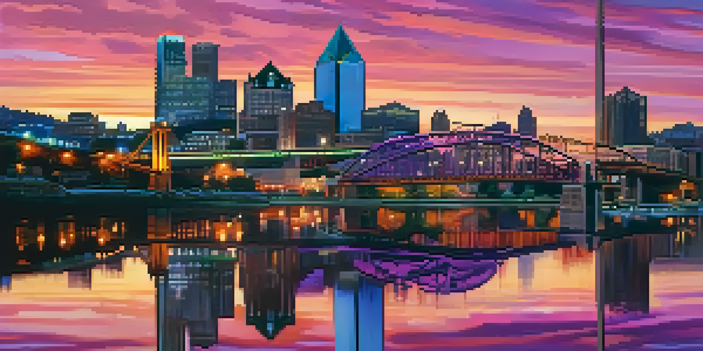 A panoramic view of Pittsburgh's skyline during sunset, highlighting both modern skyscrapers and historical buildings with a steel bridge in the foreground.